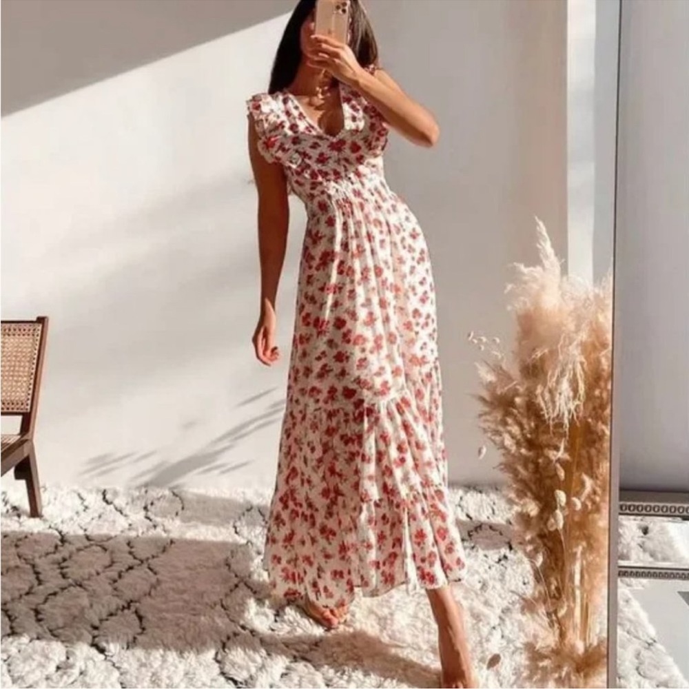 Zara Sleeveless Ruffle Swiss Dot Floral Print Long Midi Dress White Large L